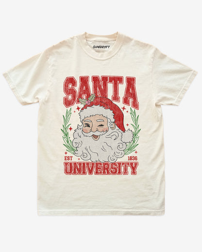Santa University shirt in ivory with retro distressed Santa Clause graphic