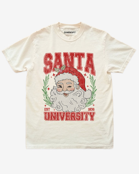 Santa University shirt in ivory with retro distressed Santa Clause graphic