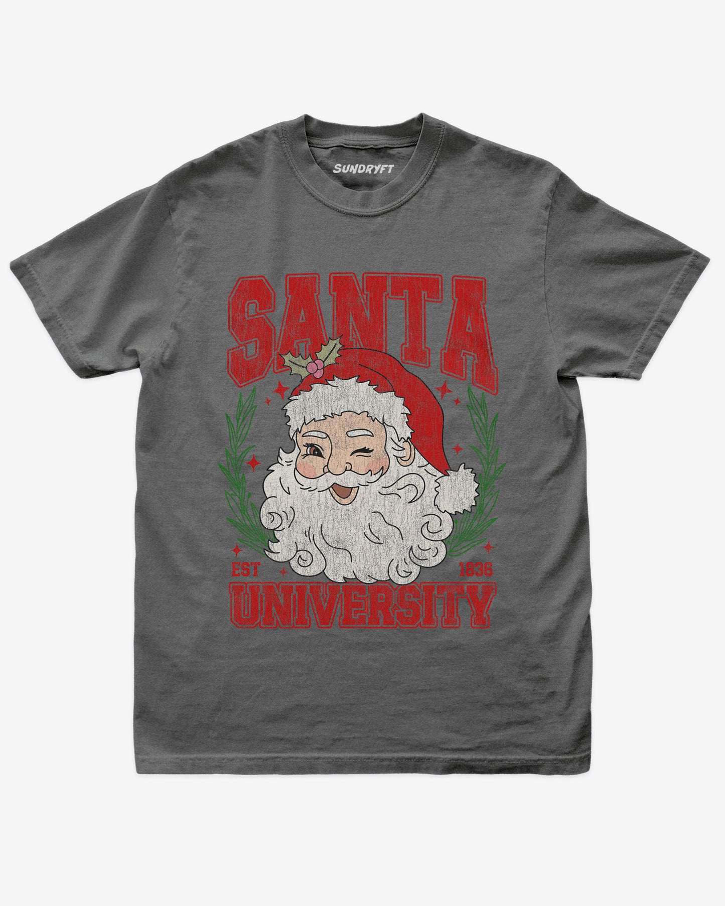 Santa University shirt in pepper with retro distressed Santa Clause graphic