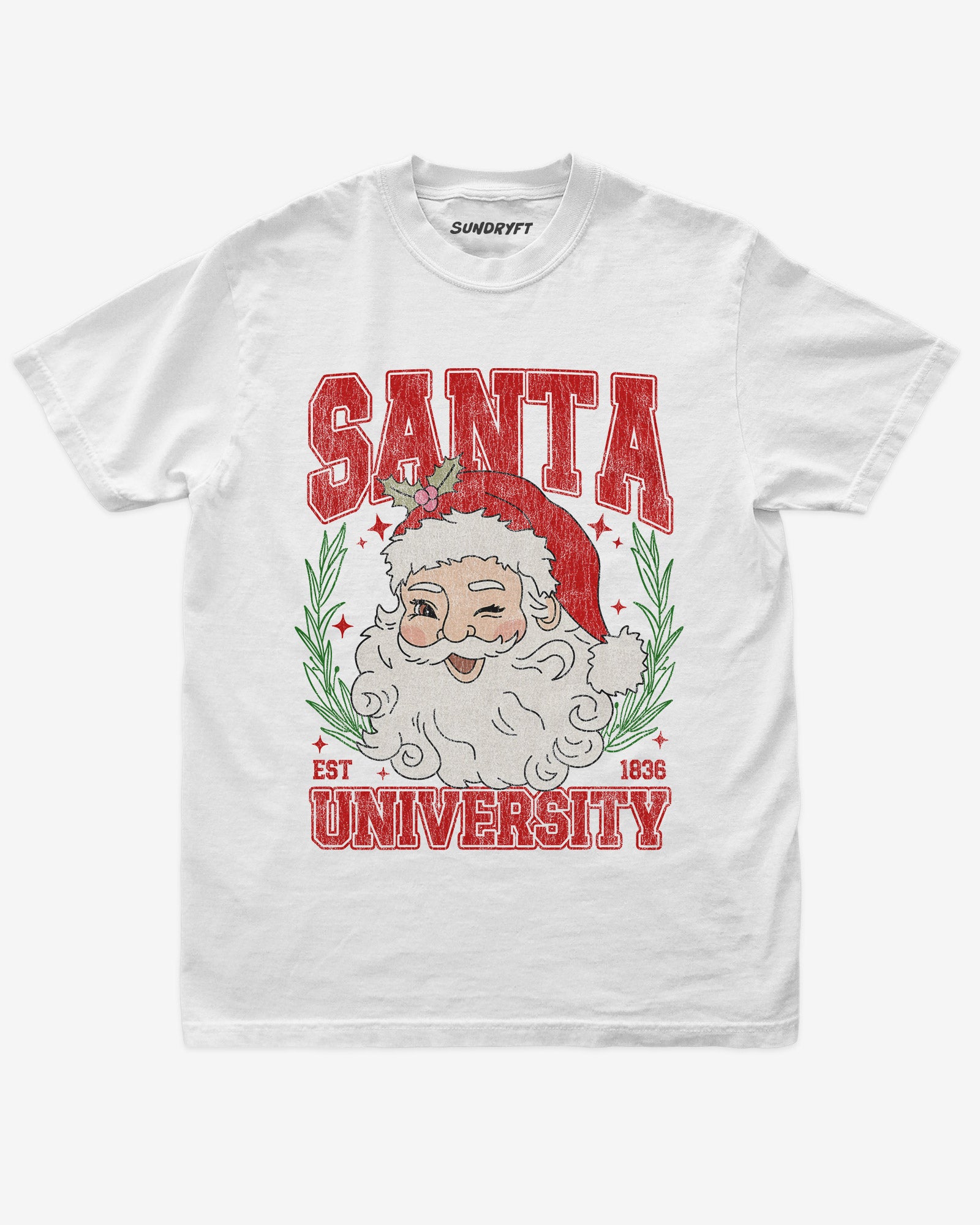 Santa University shirt in white with retro distressed Santa Clause graphic