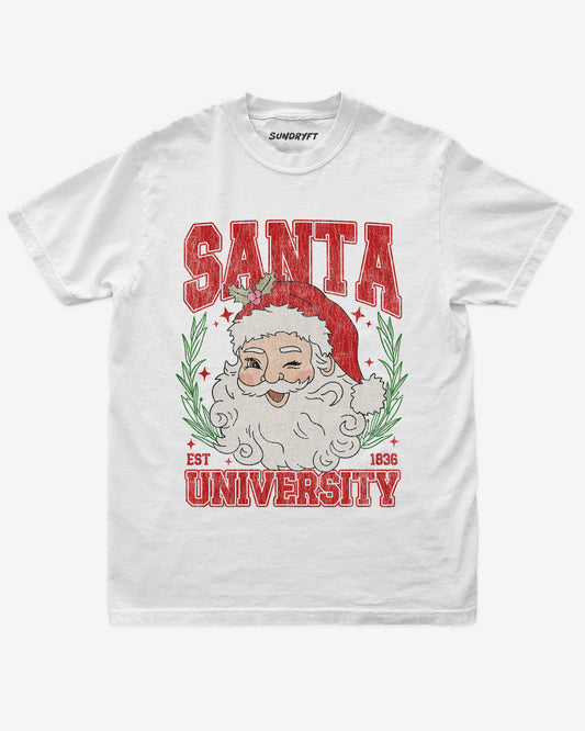 Santa University shirt in white with retro distressed Santa Clause graphic