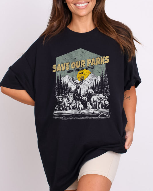 Model wearing black color shirt with 'Save Our Parks' graphic design