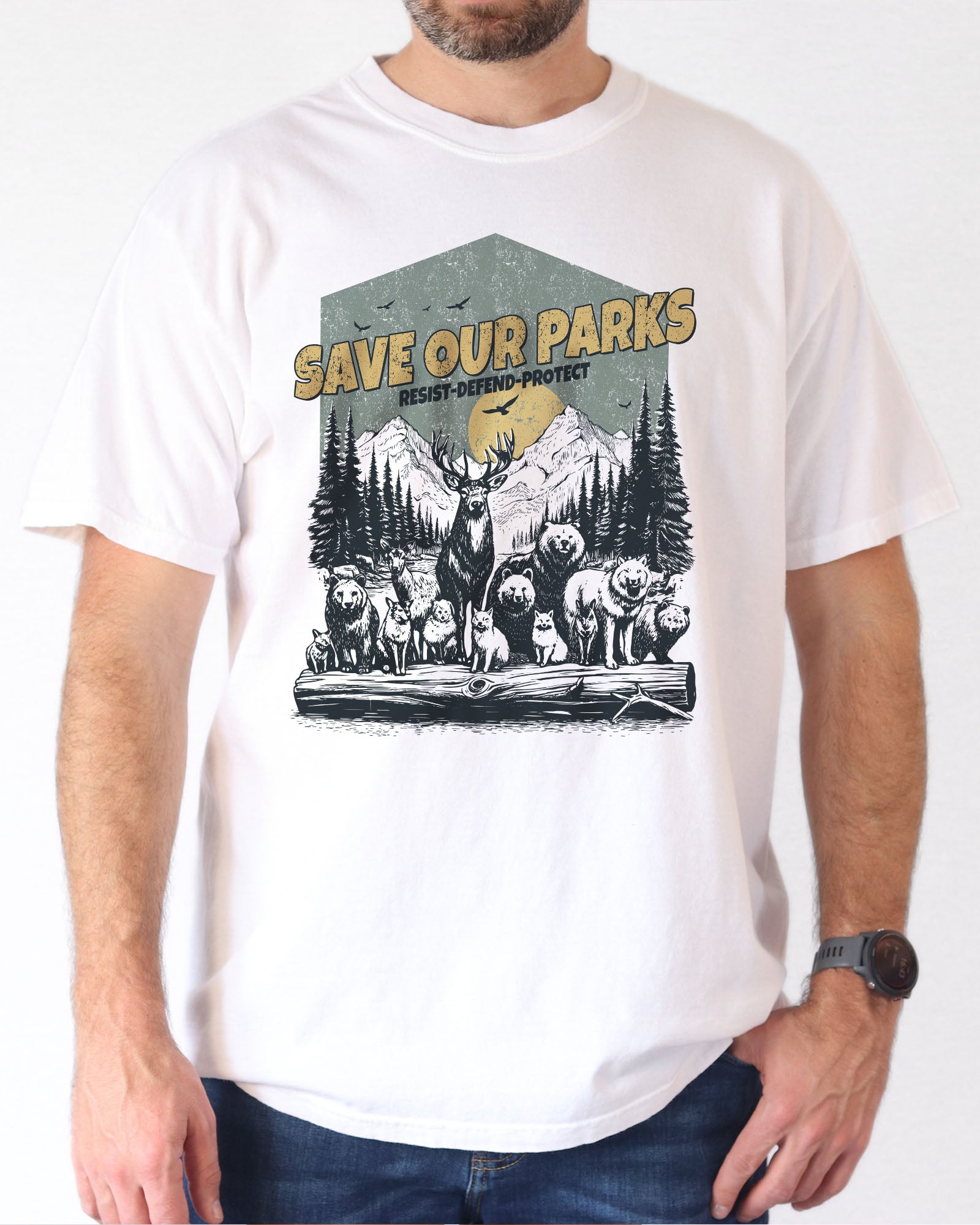 Model wearing white color shirt with 'Save Our Parks' graphic design