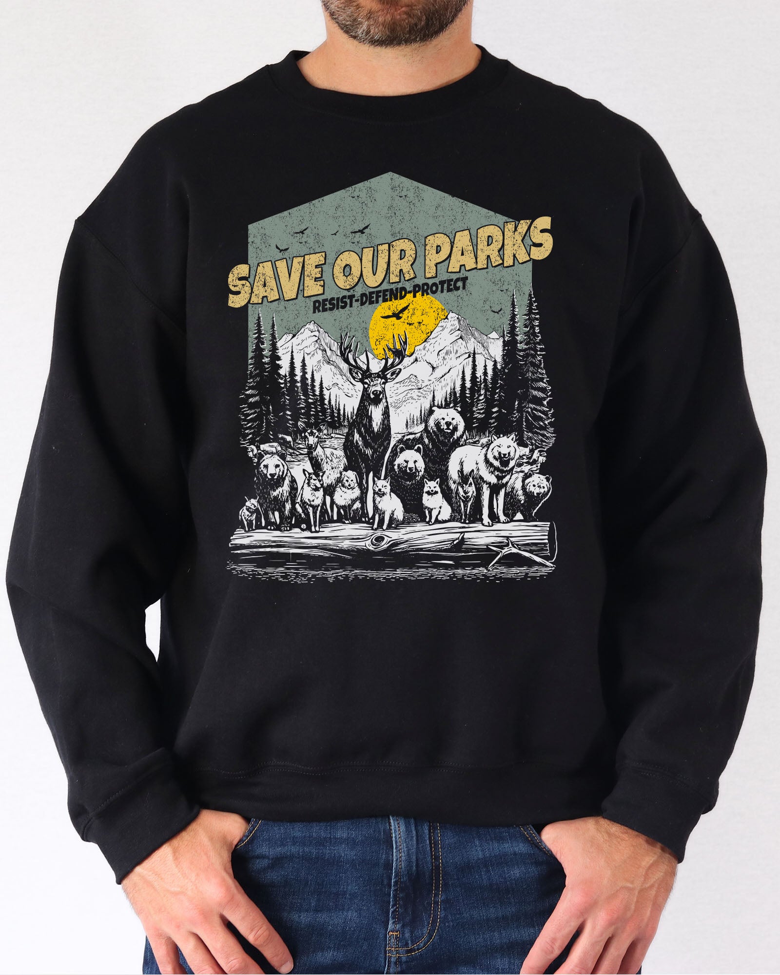 Man wearing a black sweatshirt with a retro wildlife design featuring animals lined up in a park and the quote 'Save Our Parks – Resist, Defend, Protect'.
