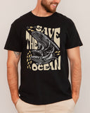 Man wearing a black 'Save The Ocean' t-shirt with a vintage whales and ocean life graphic.