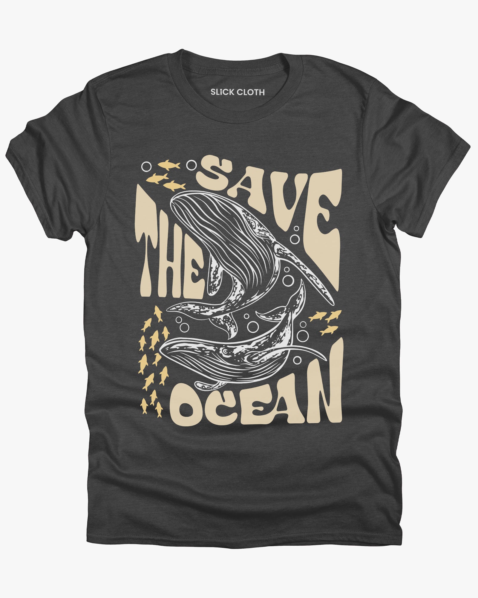 Flat lay dark heather color 'Save The Ocean' t-shirt featuring a retro whales and ocean life graphic.