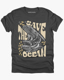 Flat lay dark heather color 'Save The Ocean' t-shirt featuring a retro whales and ocean life graphic.
