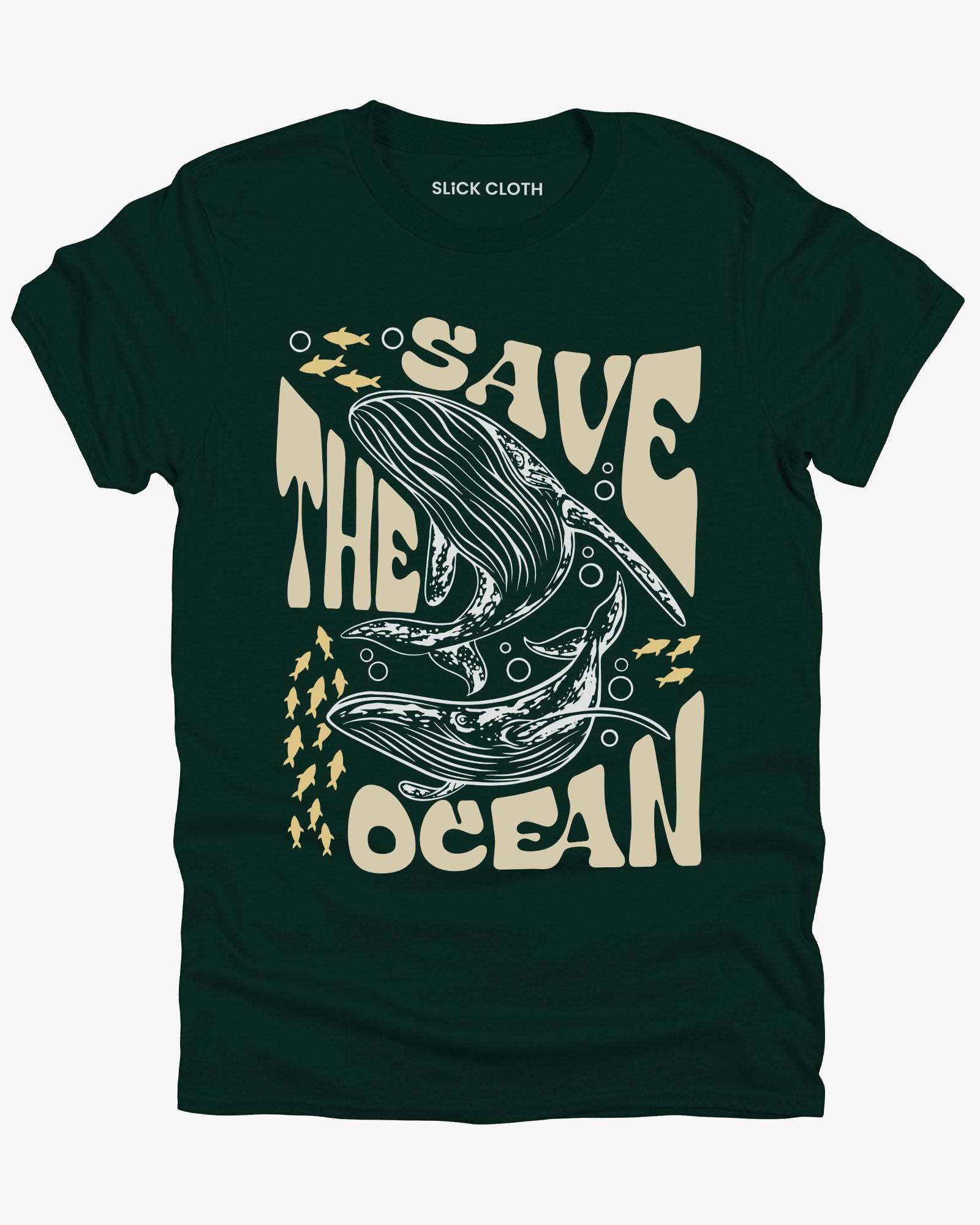 Flat lay forest green color 'Save The Ocean' shirt including a retro whales and ocean life graphic.
