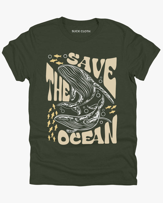 Flat lay military green 'Save The Ocean' t-shirt featuring a retro whales and ocean life graphic.