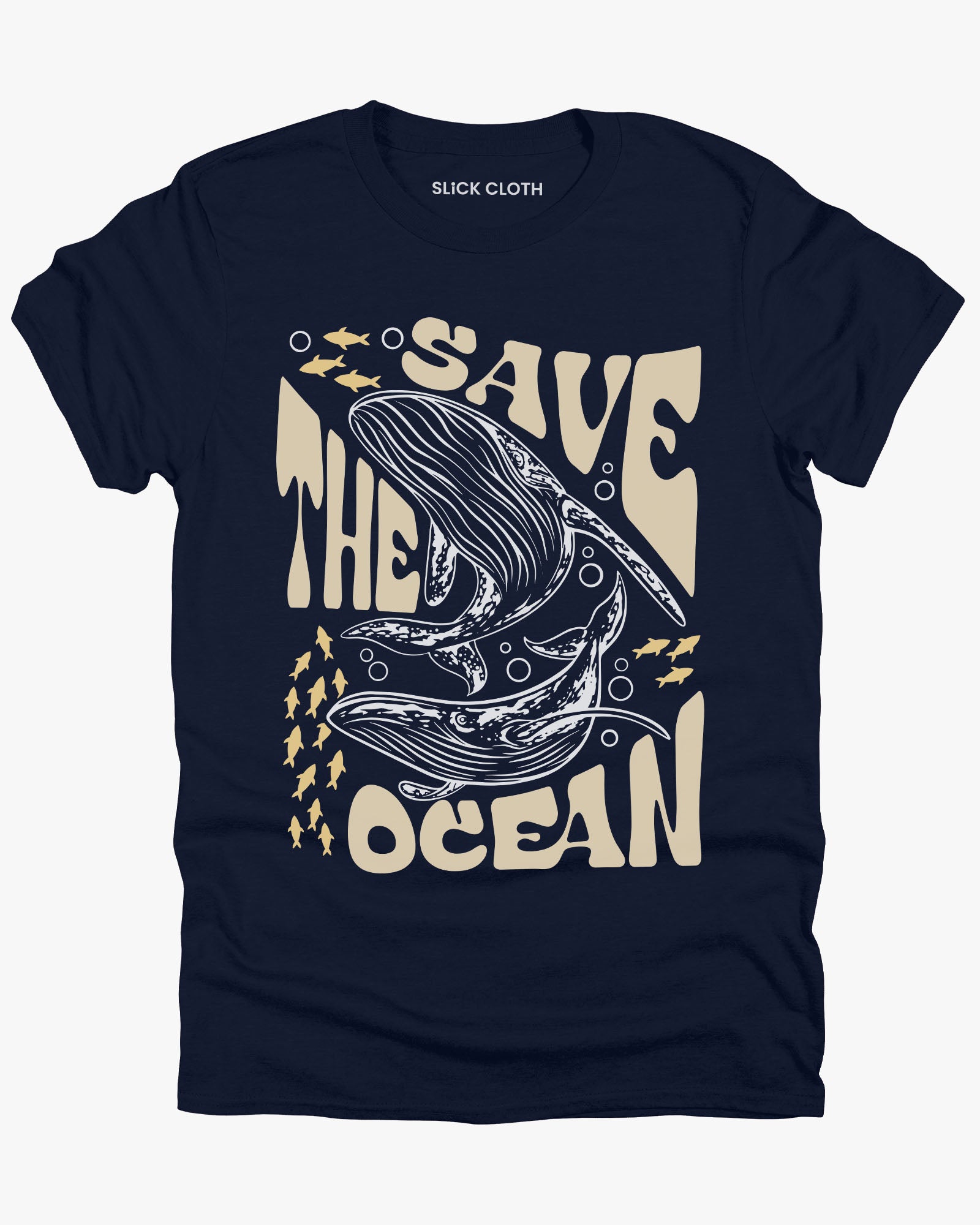 Flat lay navy color 'Save The Ocean' unisex t-shirt featuring a retro whales and ocean life graphic.