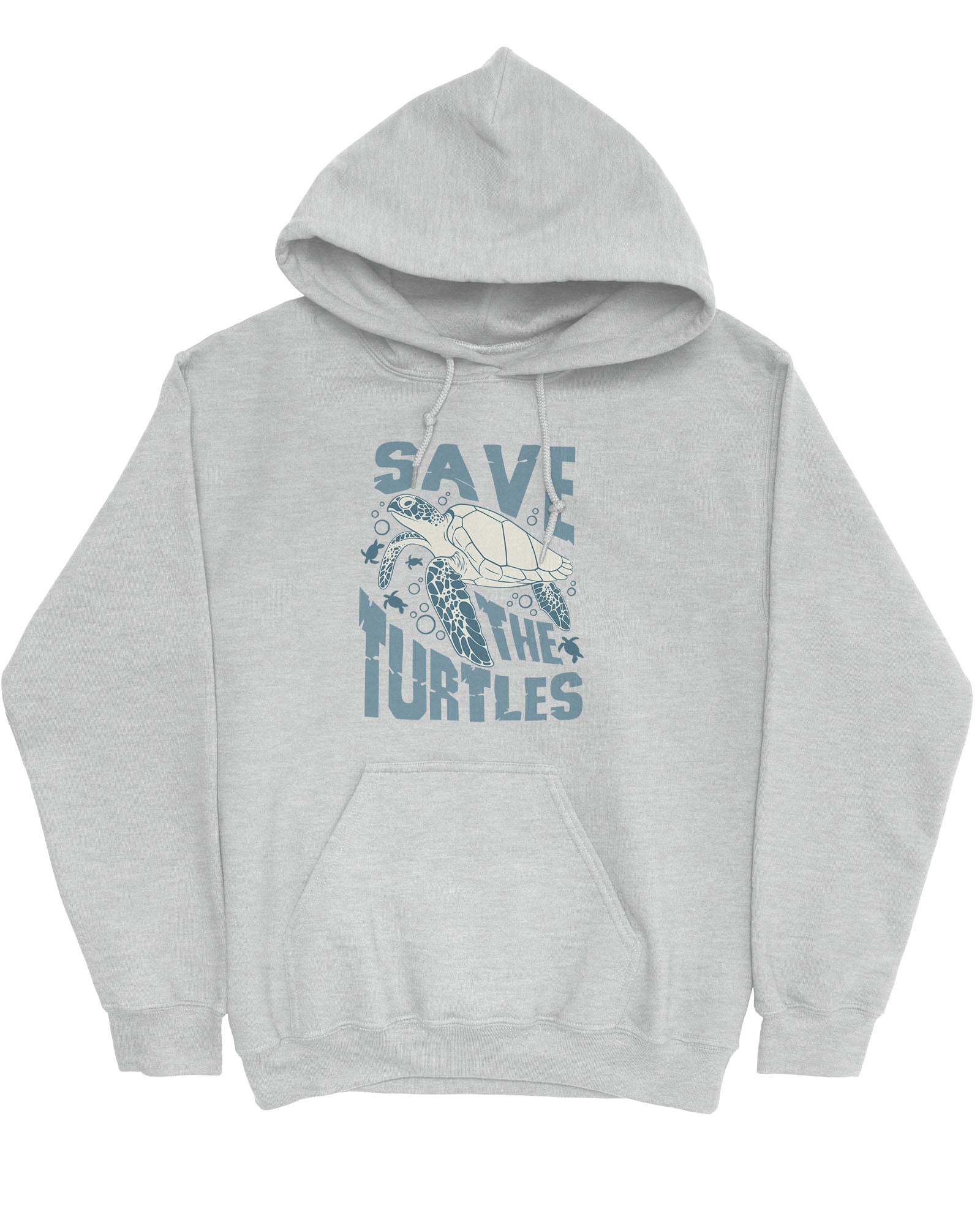 Flat lay ash gray hoodie with a retro turtles graphic collage and the quote 'Save The Turtles'.