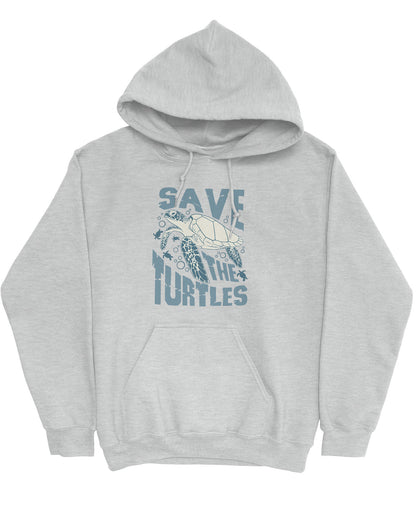 Flat lay ash gray hoodie with a retro turtles graphic collage and the quote 'Save The Turtles'.
