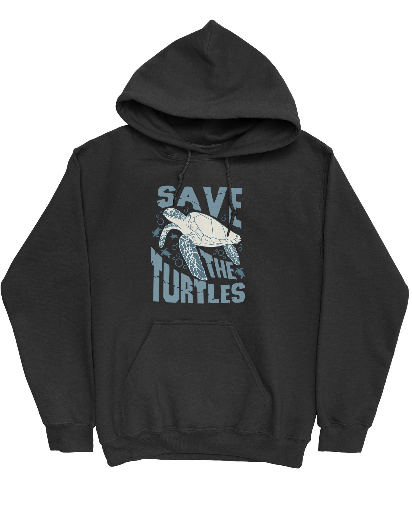 Flat lay black hoodie with a retro turtles graphic collage and the quote 'Save The Turtles'.
