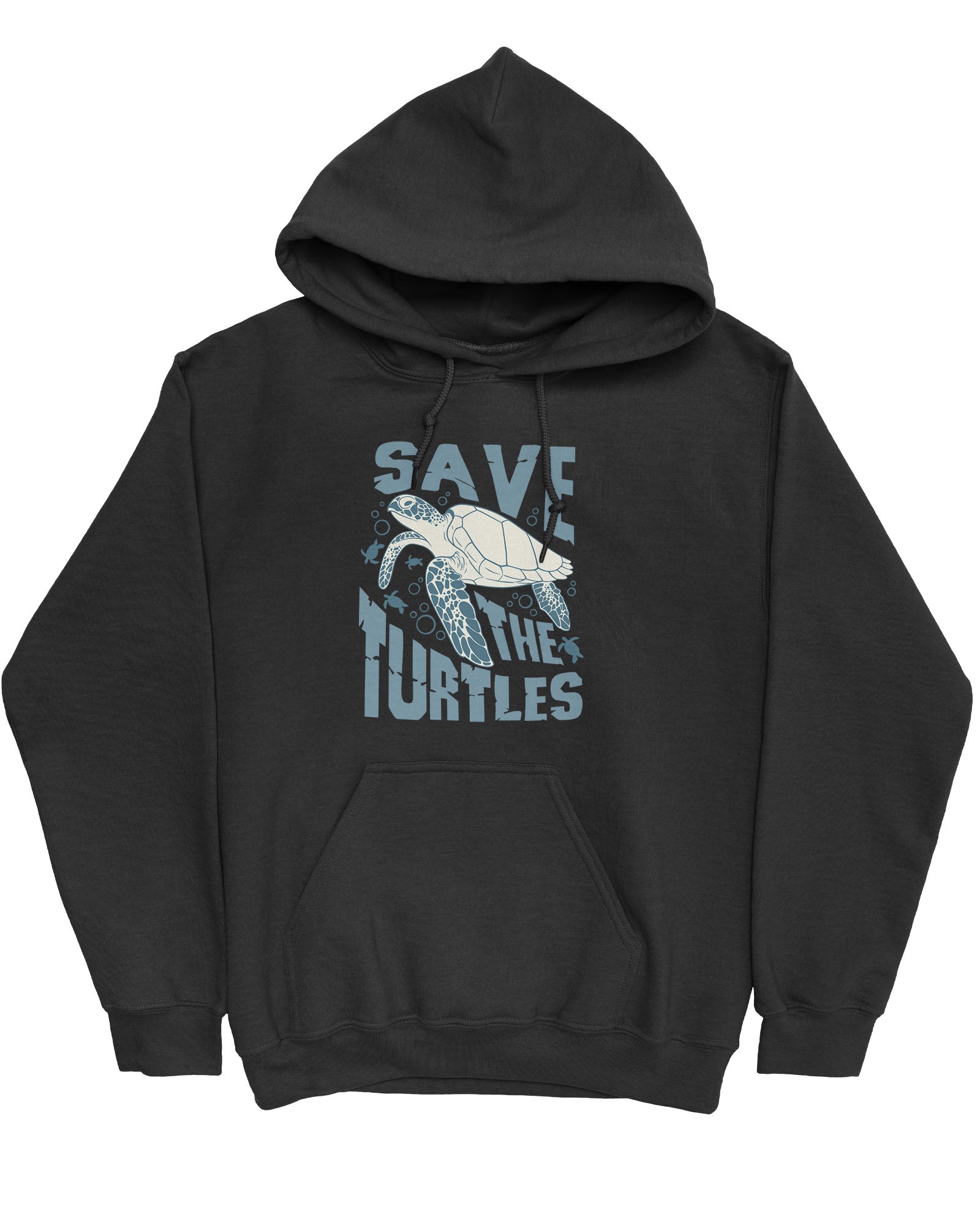 Flat lay black hoodie with a retro turtles graphic collage and the quote 'Save The Turtles'.