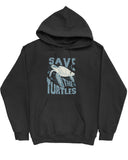 Flat lay black hoodie with a retro turtles graphic collage and the quote 'Save The Turtles'.