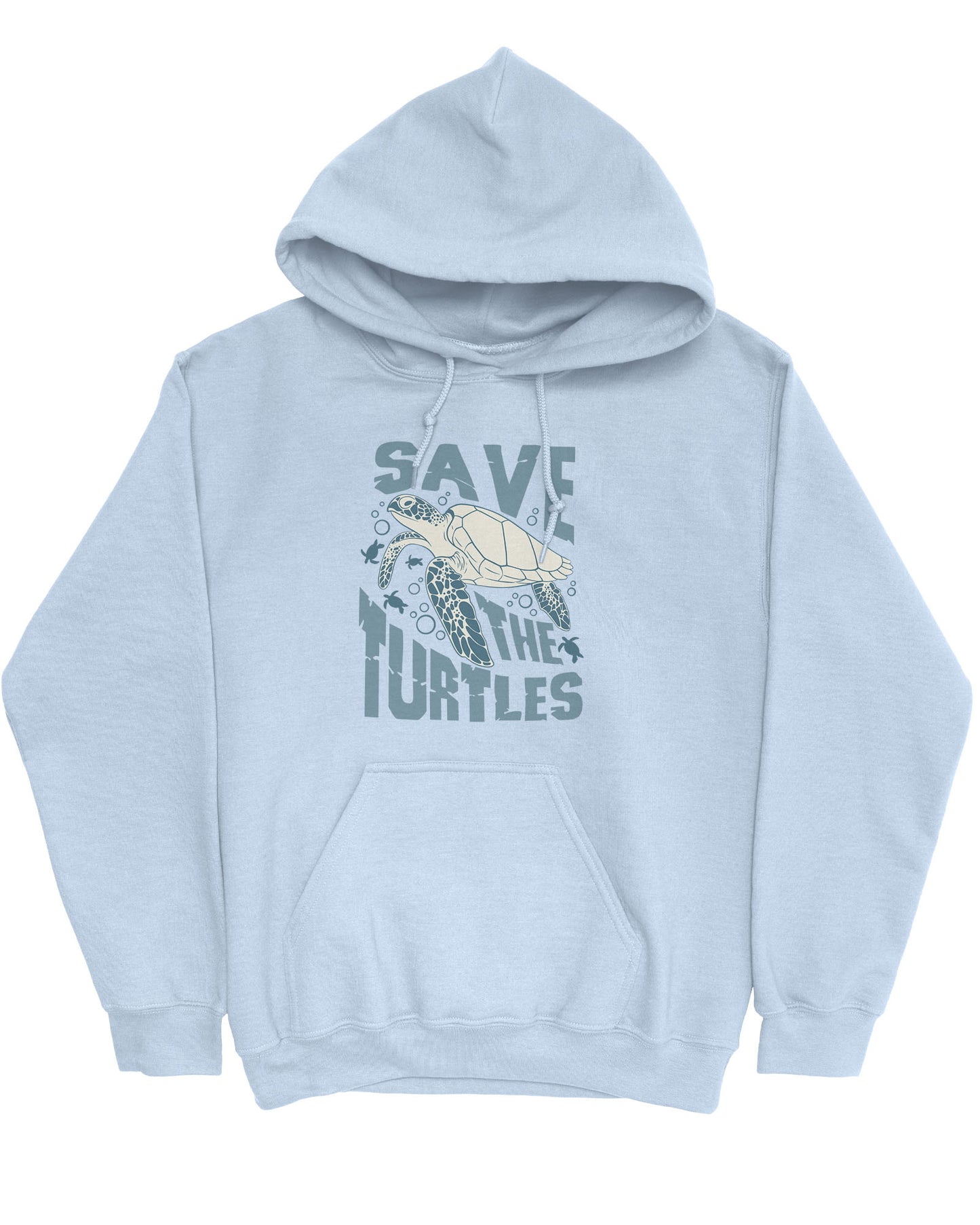 Flat lay light blue hoodie with a retro turtles graphic collage and the quote 'Save The Turtles'.