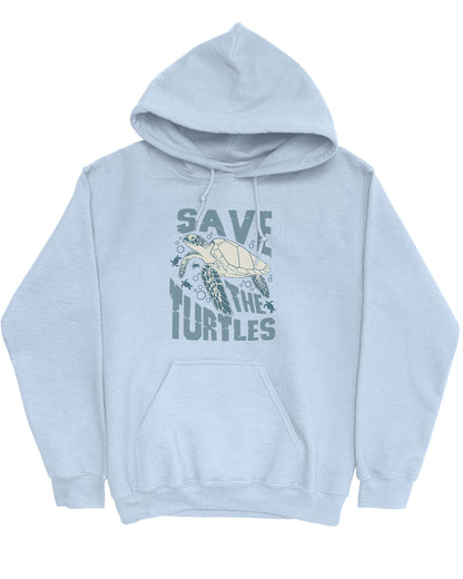 Flat lay light blue hoodie with a retro turtles graphic collage and the quote 'Save The Turtles'.