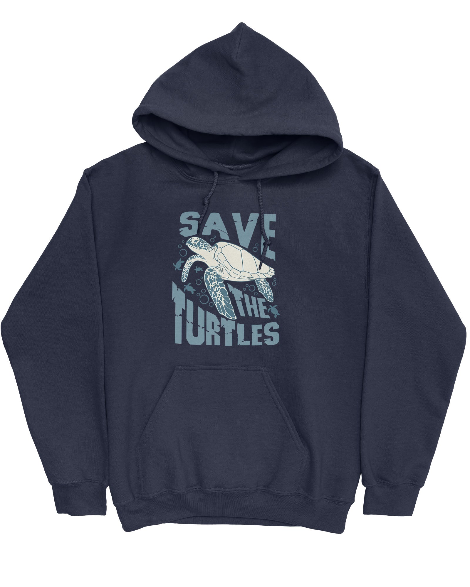 Flat lay navy hoodie with a retro turtles graphic collage and the quote 'Save The Turtles'.