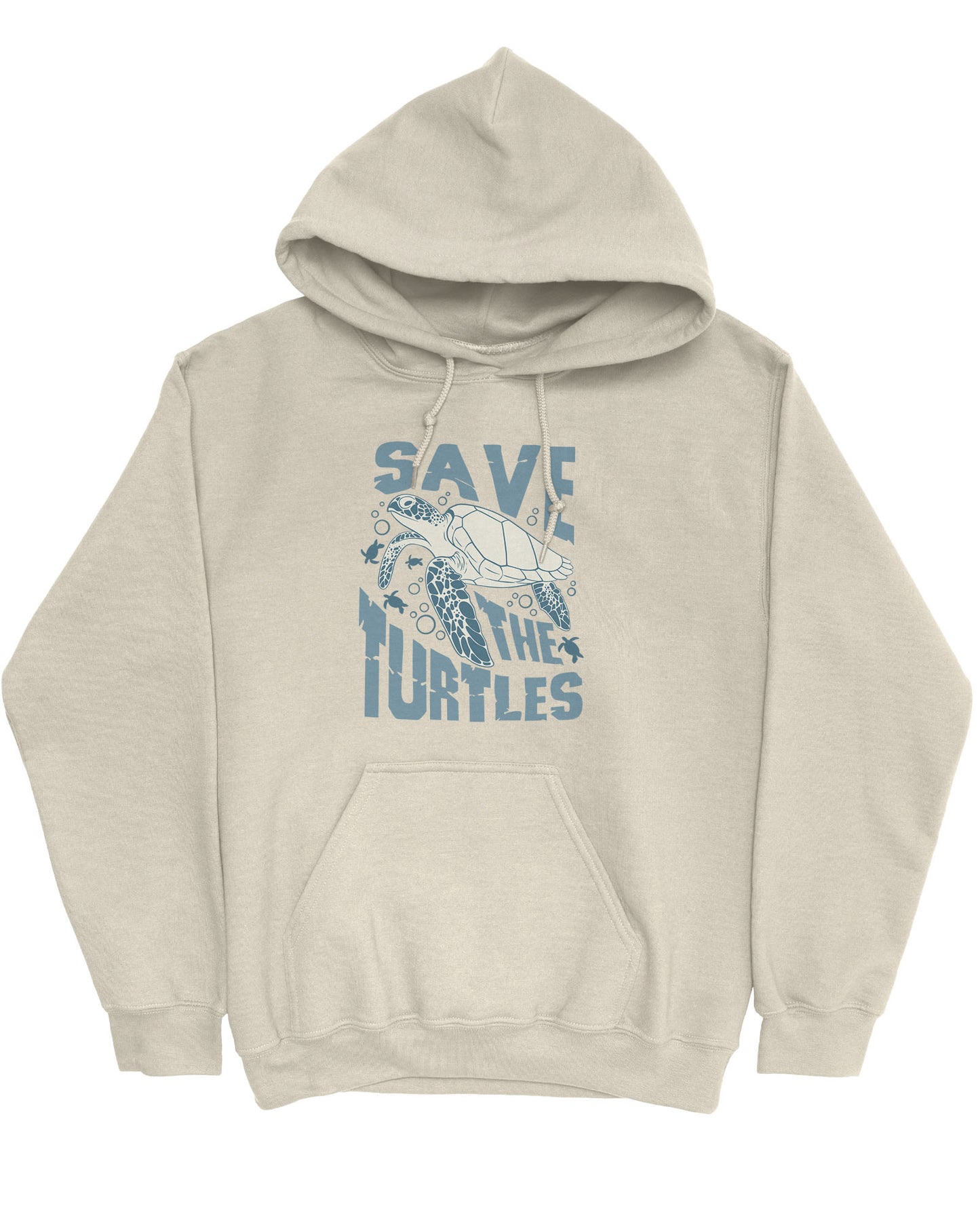 Flat lay sand beige hoodie with a retro turtles graphic collage and the quote 'Save The Turtles'.
