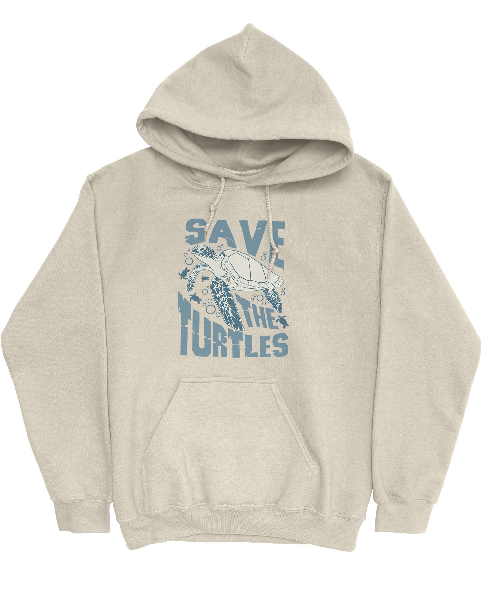Flat lay sand beige hoodie with a retro turtles graphic collage and the quote 'Save The Turtles'.