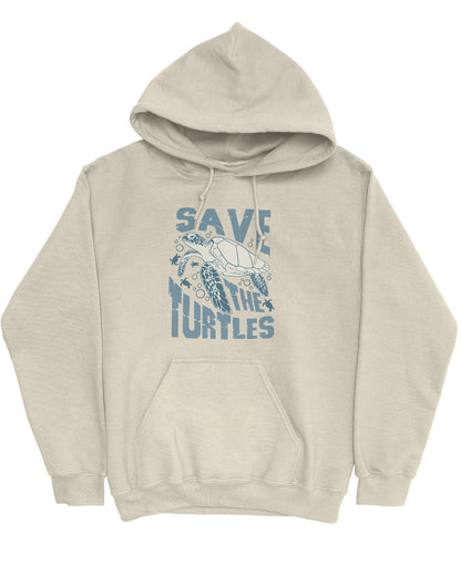Flat lay sand beige hoodie with a retro turtles graphic collage and the quote 'Save The Turtles'.