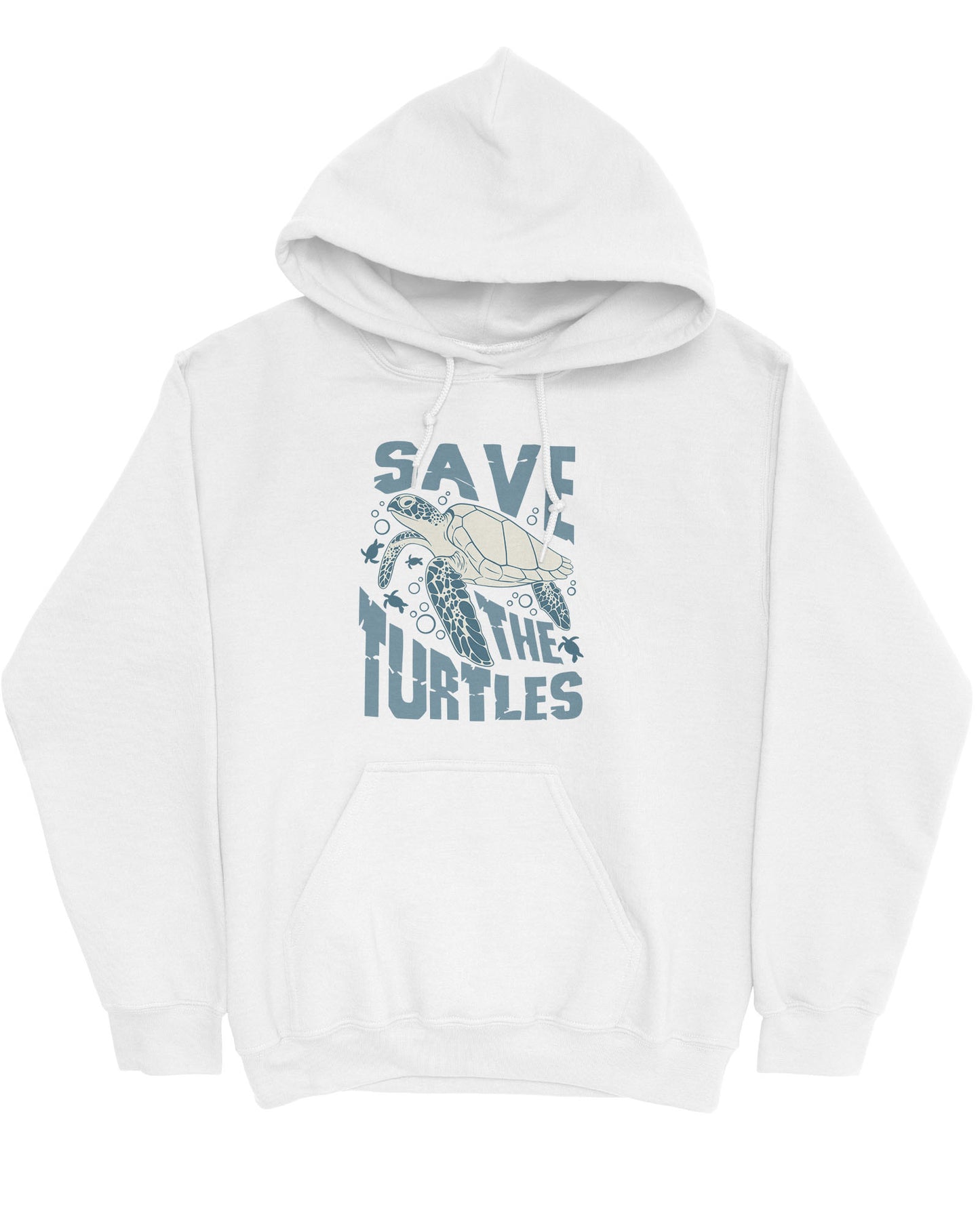 Flat lay white hoodie with a retro turtles graphic collage and the quote 'Save The Turtles'.