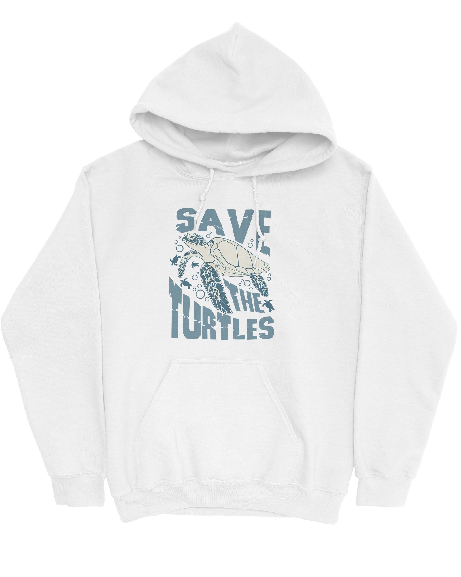 Flat lay white hoodie with a retro turtles graphic collage and the quote 'Save The Turtles'.