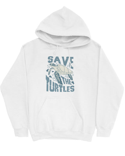 Flat lay white hoodie with a retro turtles graphic collage and the quote 'Save The Turtles'.
