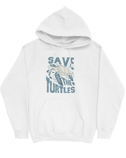 Flat lay white hoodie with a retro turtles graphic collage and the quote 'Save The Turtles'.