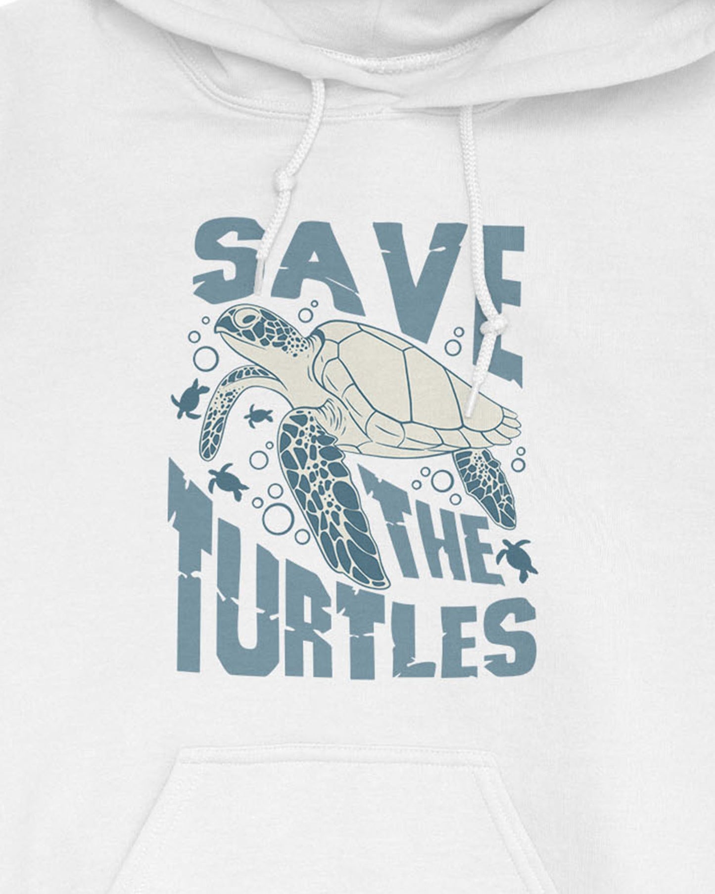 Zoomed white hoodie with a retro turtles graphic collage and the quote 'Save The Turtles'.
