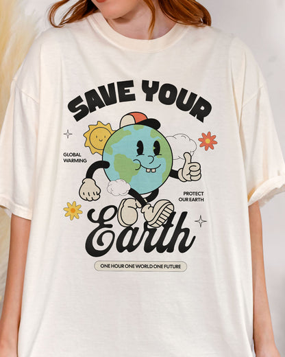 Close-up of Save Your Earth shirt in ivory color with retro globe earth day graphic