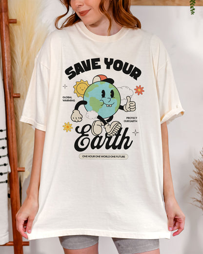 Woman wearing Save Your Earth shirt in ivory color with retro globe earth day graphic