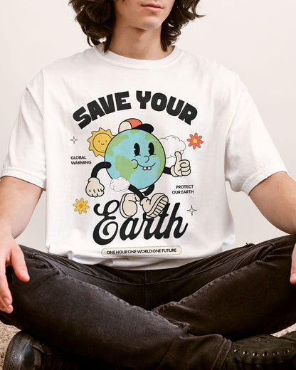 Man wearing Save Your Earth shirt in white color with retro globe earth day graphic