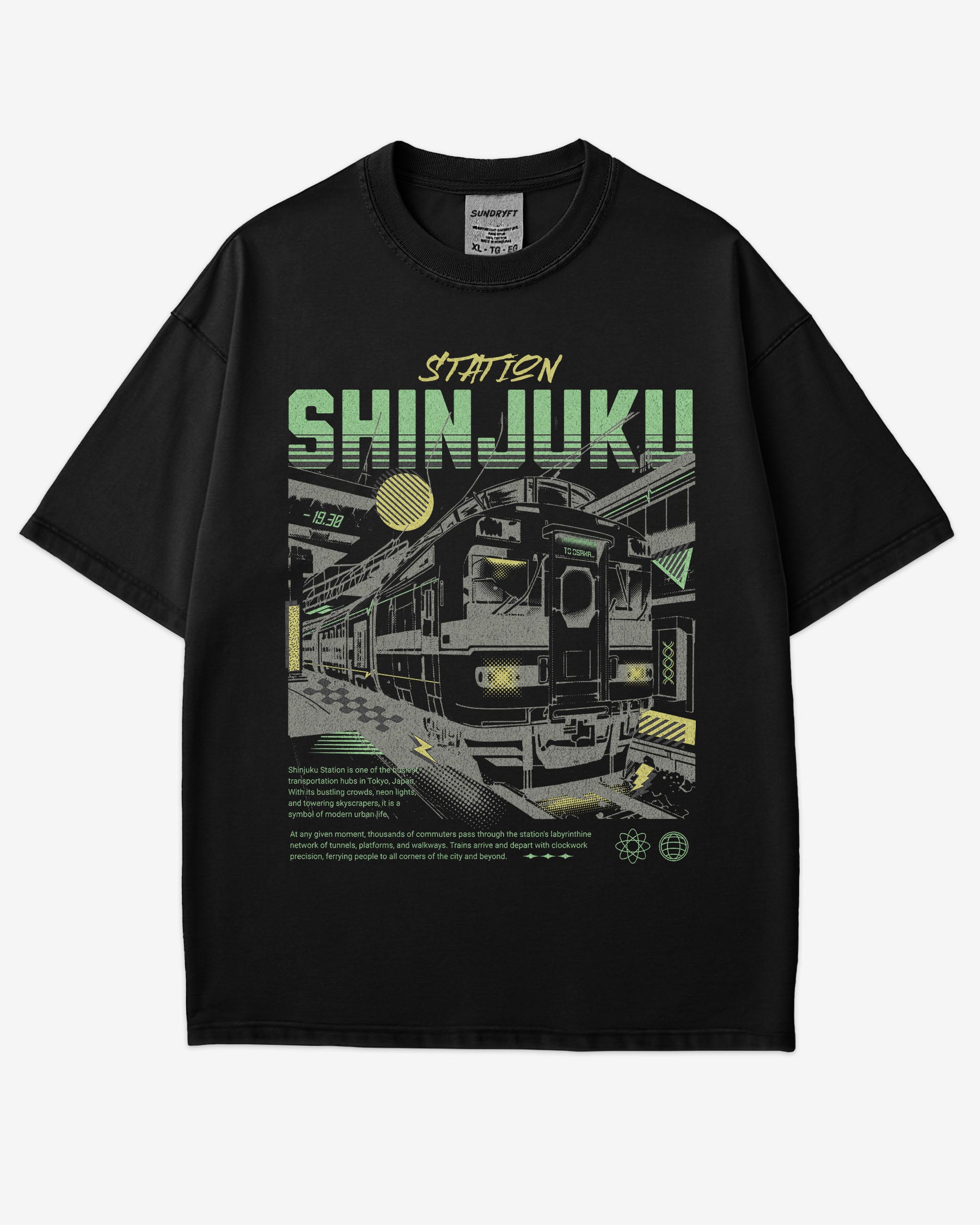 Flat lay black Shinjuku Train Station Tokyo retro graphic shirt.