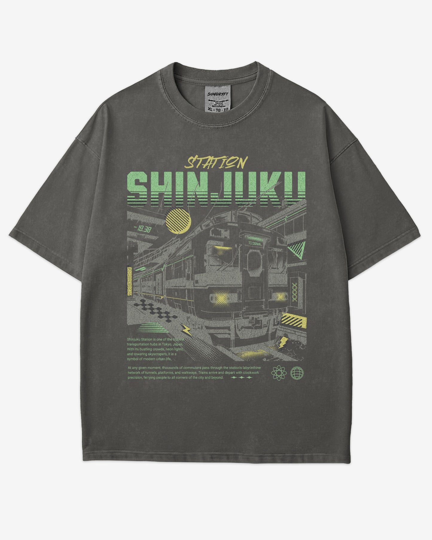 Flat lay pepper Shinjuku Train Station Tokyo retro graphic shirt.