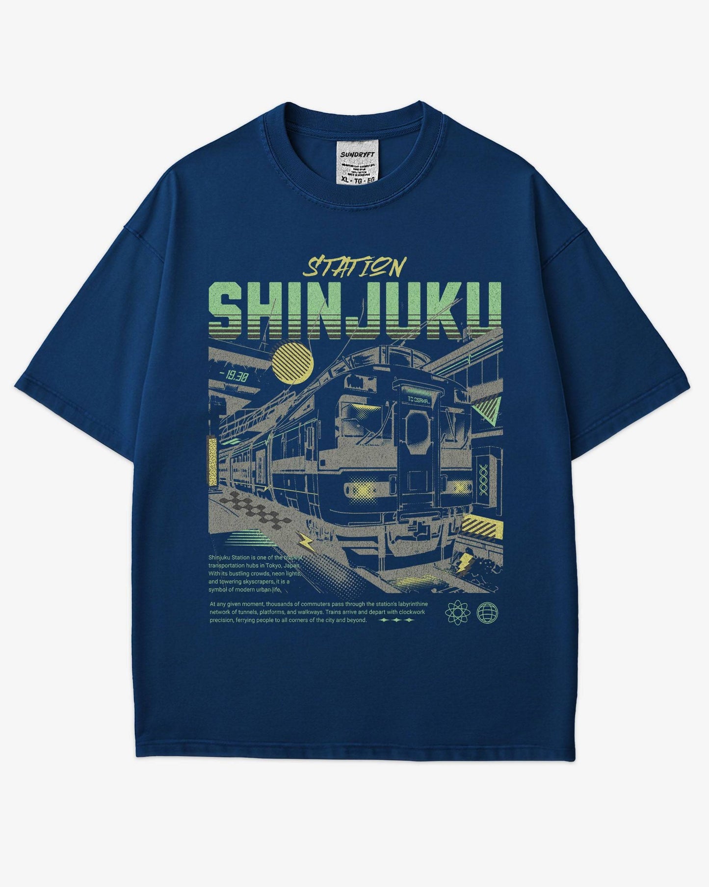 Flat lay true navy Shinjuku Train Station Tokyo retro graphic shirt.