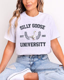 Model wearing ash color sweatshirt with Silly Goose University graphic design
