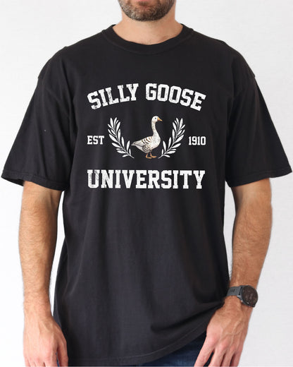 Model wearing black color sweatshirt with Silly Goose University graphic design
