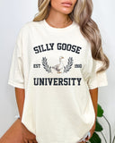Model wearing natural color sweatshirt with Silly Goose University graphic design