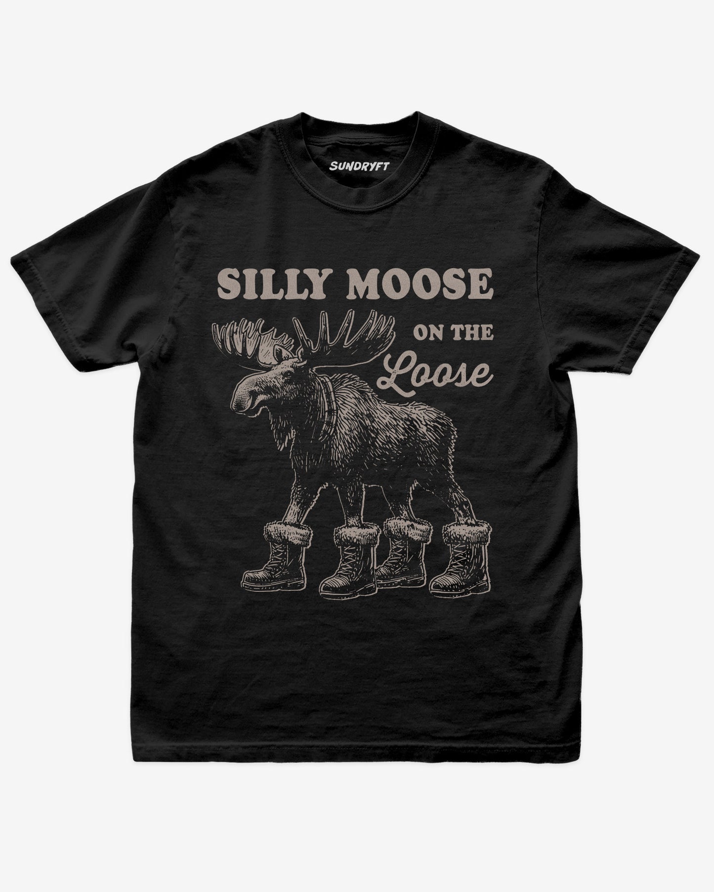 Black “Silly Moose On The Loose” funny Christmas winter holiday shirt flat lay.