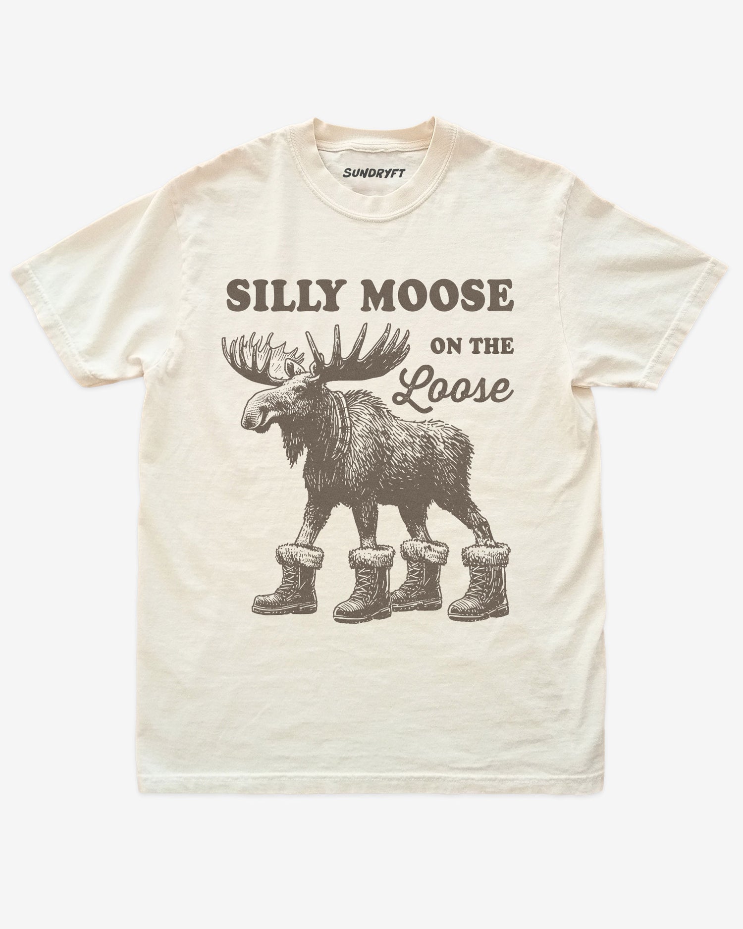 Ivory “Silly Moose On The Loose” funny Christmas winter holiday shirt flat lay.