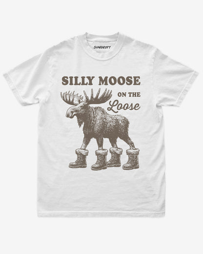 White “Silly Moose On The Loose” funny Christmas winter holiday shirt flat lay.