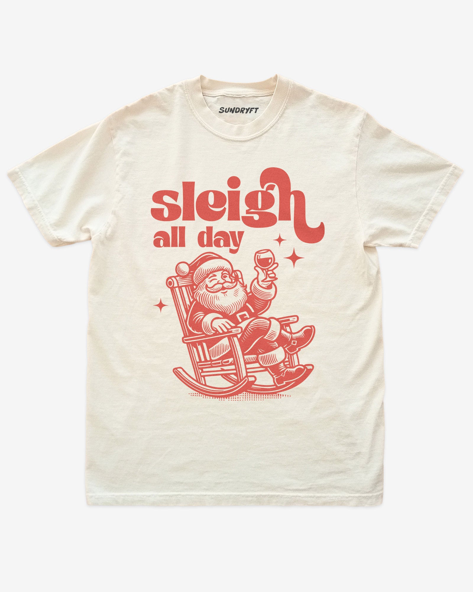 Sleigh All Day shirt in ivory with Santa on porch chair graphic