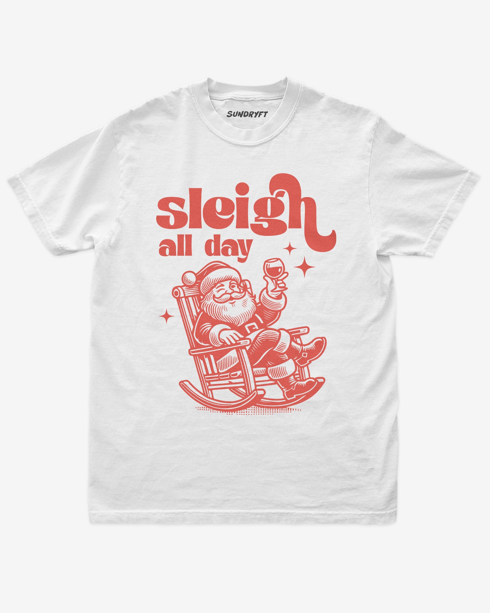 Sleigh All Day shirt in white with Santa on porch chair graphic