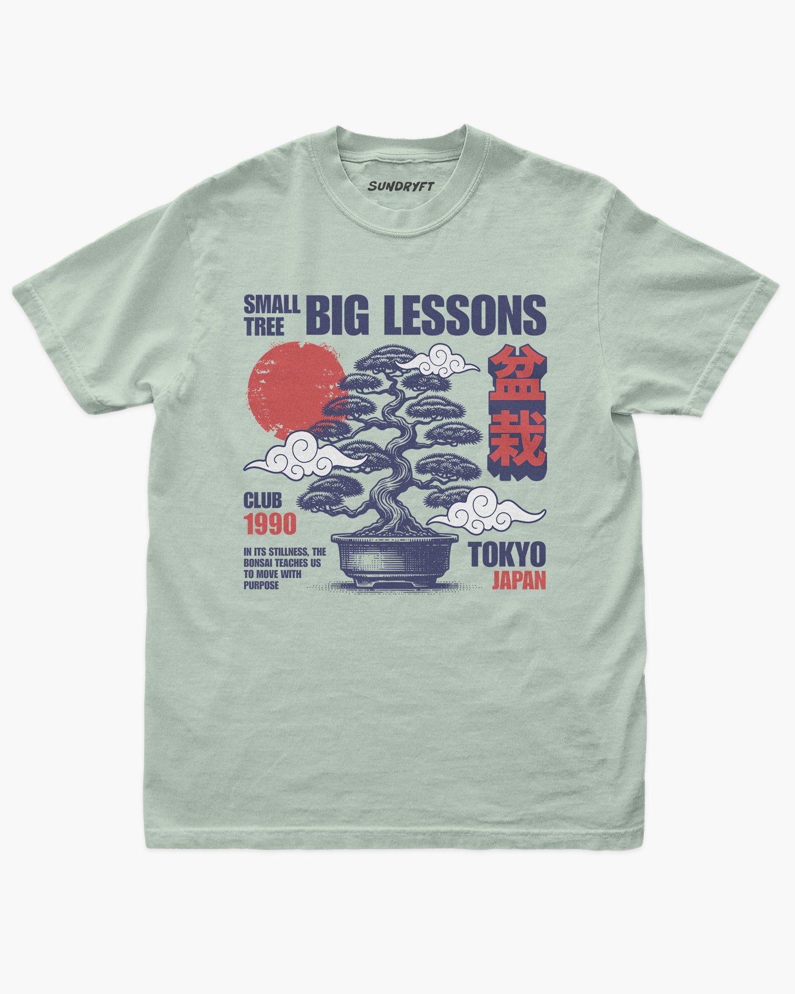 Small Tree Big Lessons Bonsai shirt in bay with a retro Tokyo-inspired bonsai graphic