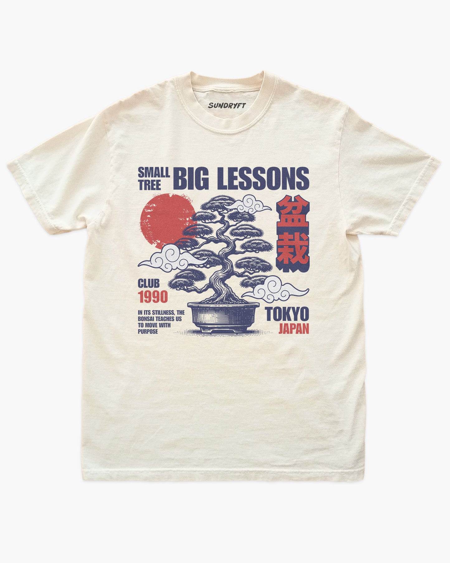 Small Tree Big Lessons Bonsai shirt with a retro Tokyo-inspired bonsai graphic
