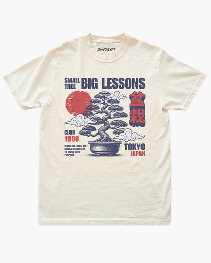 Small Tree Big Lessons Bonsai shirt with a retro Tokyo-inspired bonsai graphic