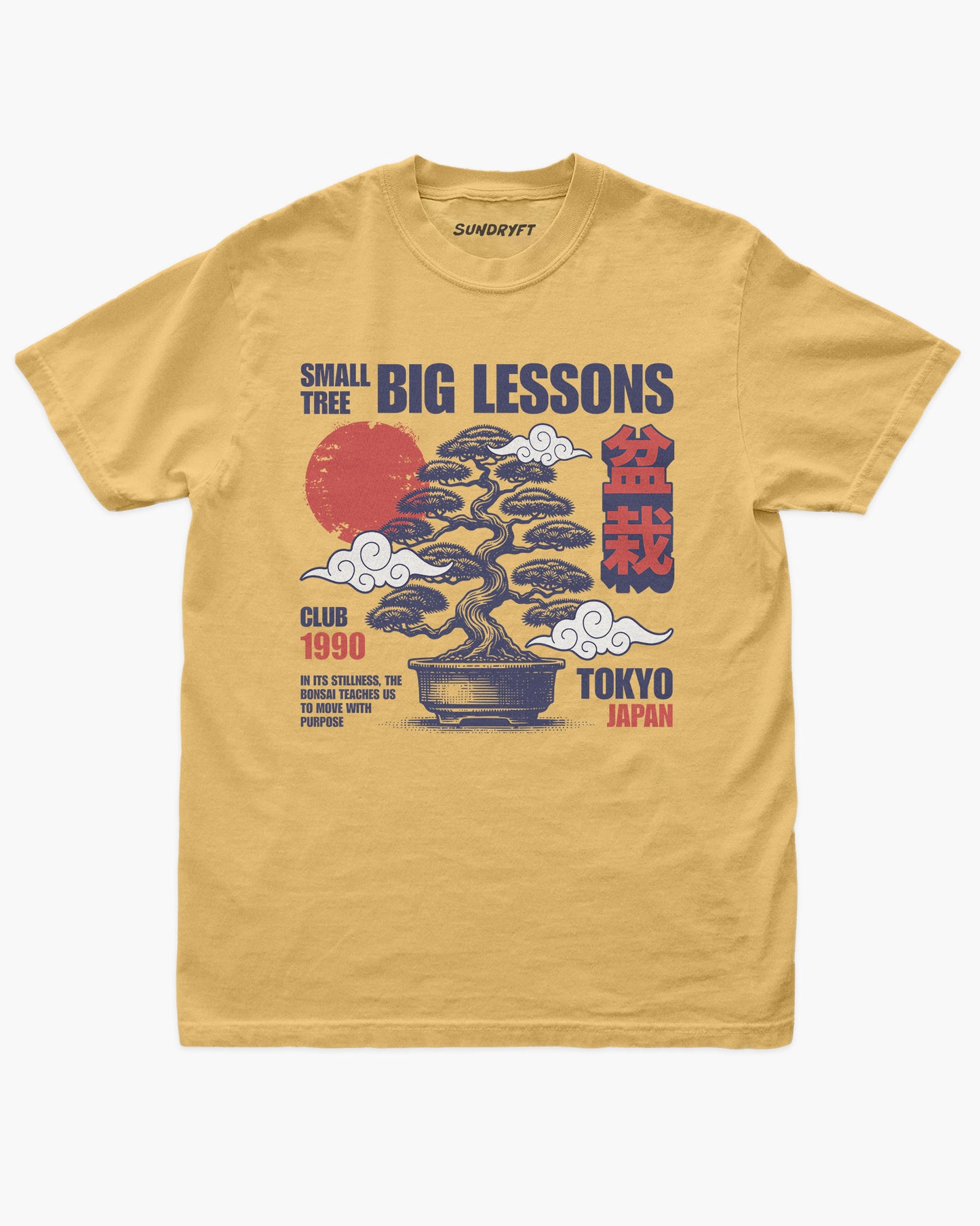 Small Tree Big Lessons Bonsai shirt in mustard with a retro Tokyo-inspired bonsai graphic