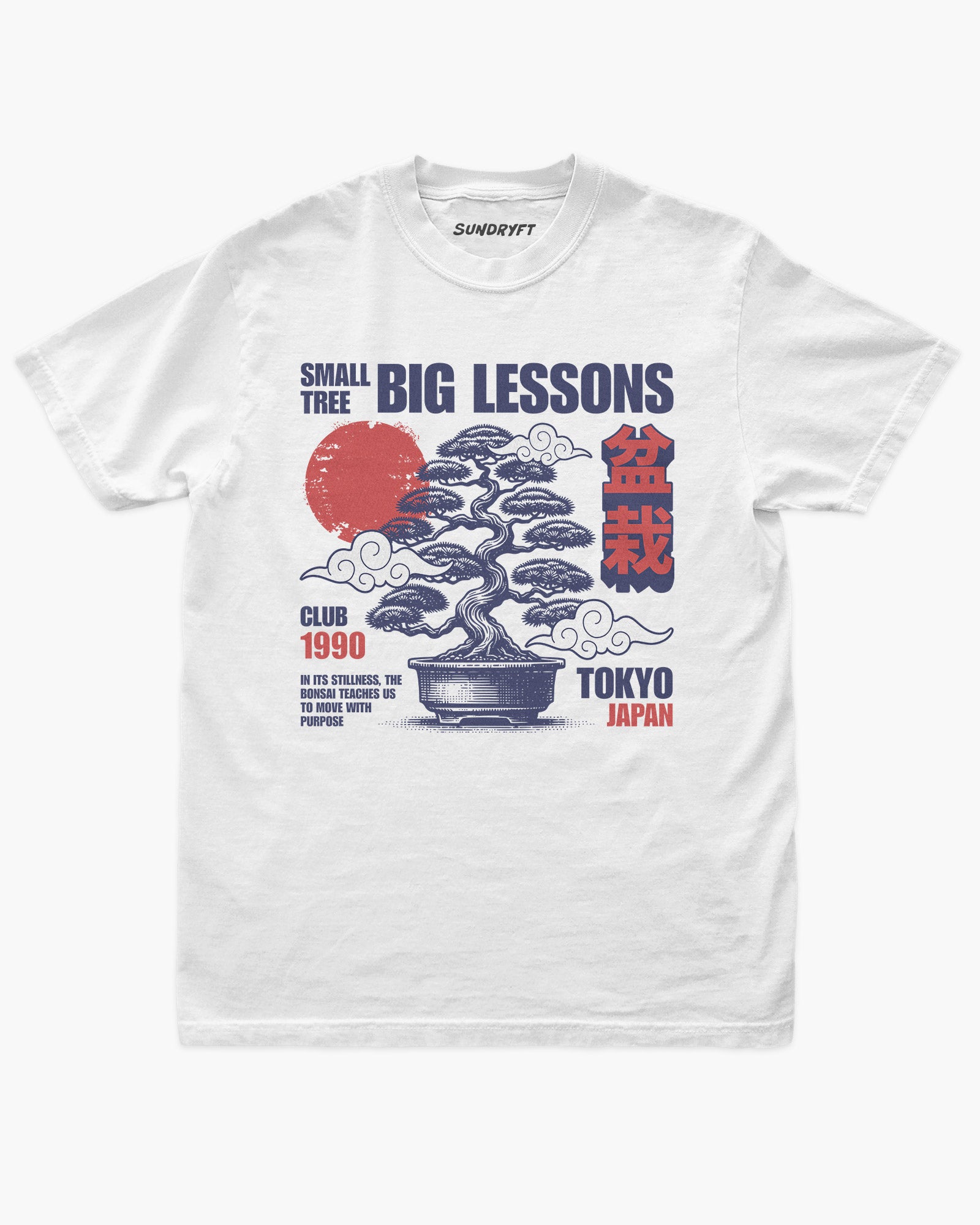 Small Tree Big Lessons Bonsai shirt in white with a retro Tokyo-inspired bonsai graphic