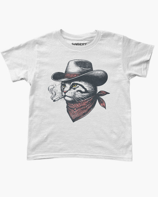 Flat lay white baby tee with retro graphic of smoking cowboy cat